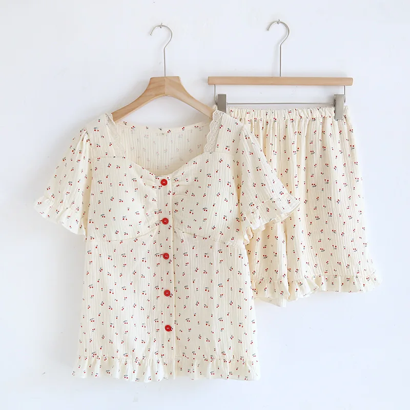 Conjunto de malha 2025 pijamas de verão roupa de dormir feminina novo com almofadas no peito pijamas soltos presente feminino camisolas para mulheres