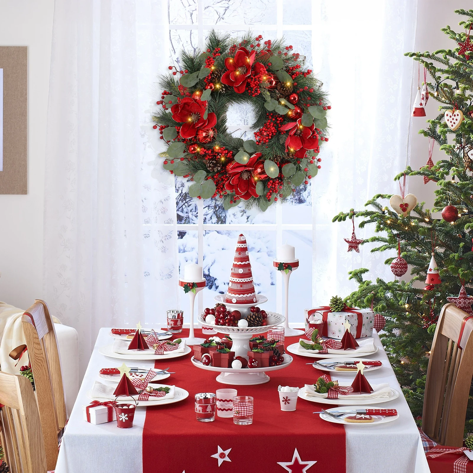 

24 Inch Christmas Wreath Artificial with Pinecones Berries Poinsettias, Outdoor Indoor Xmas Door Wreath for Holiday Decorations,