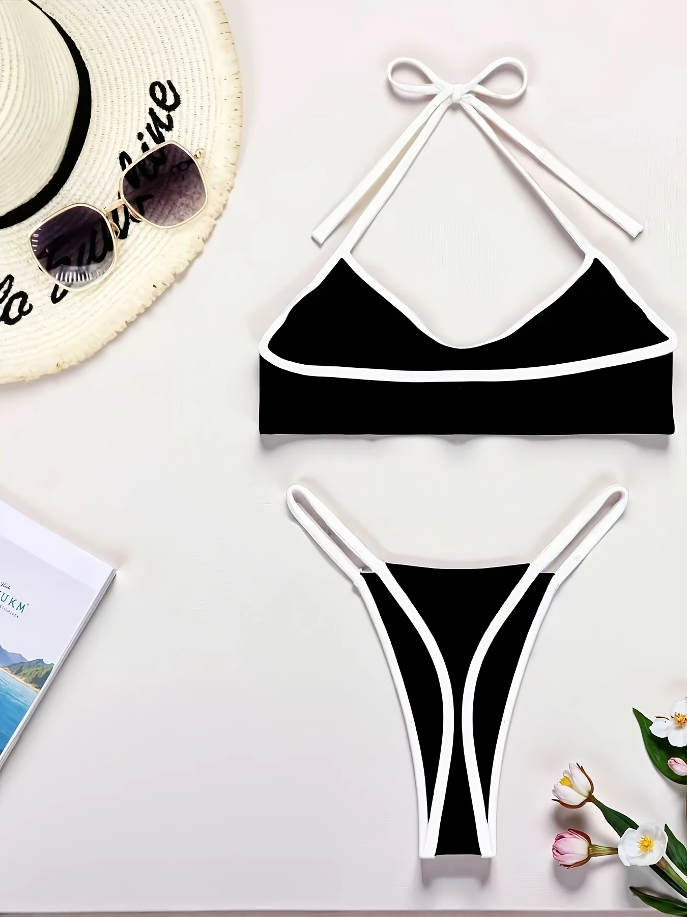 Women Bikini Set 2026 Summer Black White Contrast Binding Halter Neck Sexy High Cut Swimwear Female Beach Vacation Bathing Suit