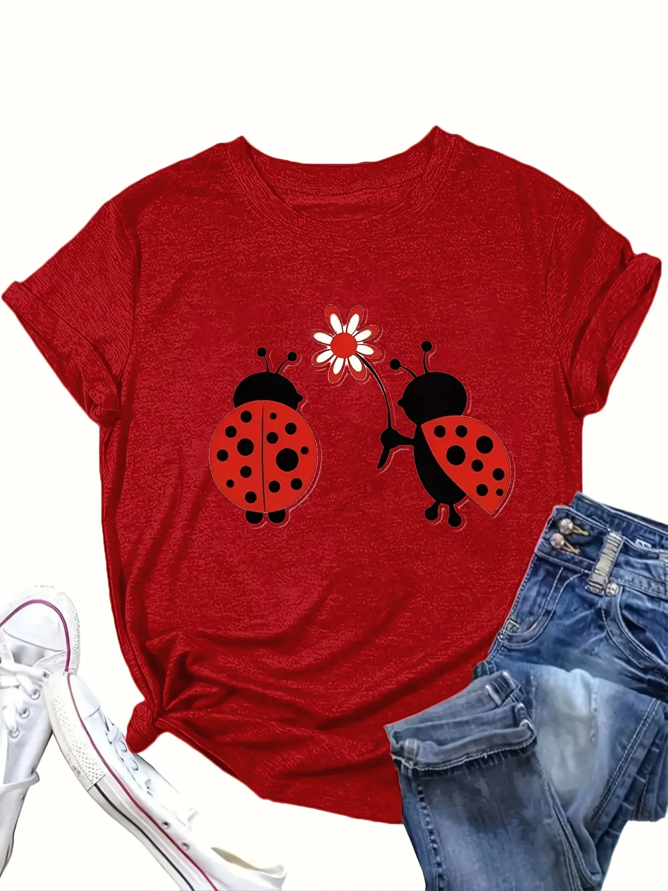 

Plus - Size Red Round Neck T - Shirt with Ladybug and Daisy Print: Sweet and Adorable