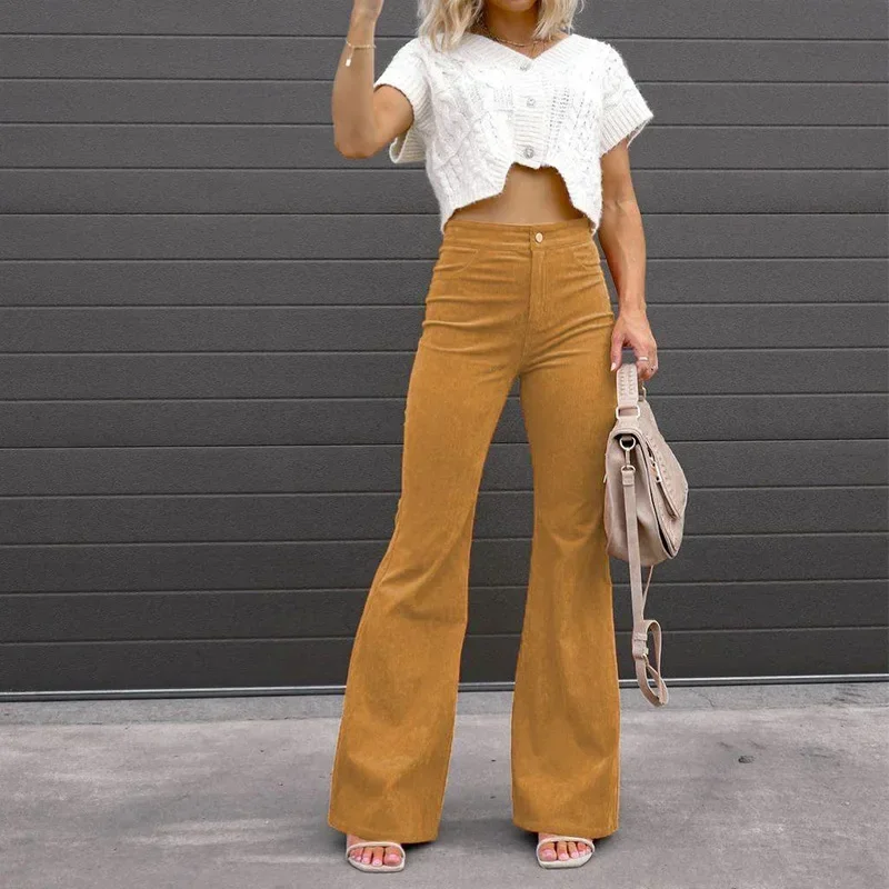 Women Pants Elegant Corduroy Autumn Winter Fashion Slim Casual Female New Solid Mid-waist Street Long Flare Clothing Lugentolo