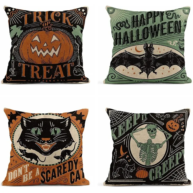 

4pcs/set Happy Halloween treat or trick print Cushion Cover Linen Throw Pillow Car Home Decoration Decorative Pillowcase
