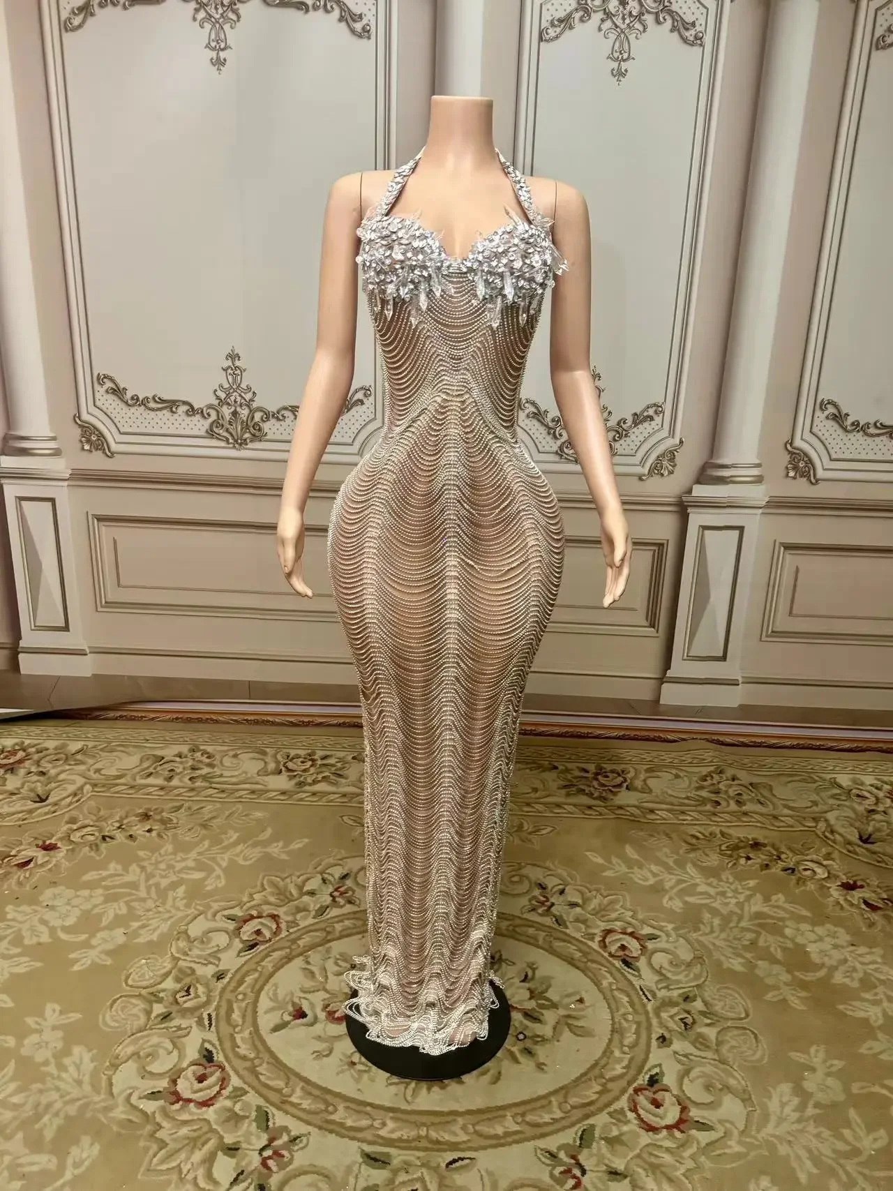 Sexy Performance Silver Rhinestone Crystals Chains Transparent Long Dress Evening Birthday Celebrate Dress