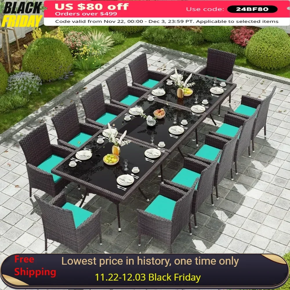 

15-Piece Outdoor Dining Set,Square Glass Tabletop with Umbrella Hole for Patio,Backyard,Garden,Patio Rattan Furniture Set