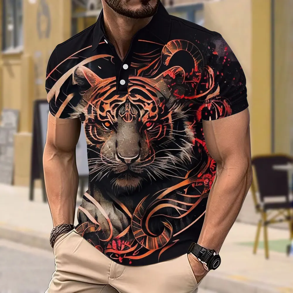 Nueva camisa Polo de verano para hombre, camisetas con estampado 3d de cabeza de tigre, Top informal holgado de manga corta, moda urbana, ropa de talla grande para hombre