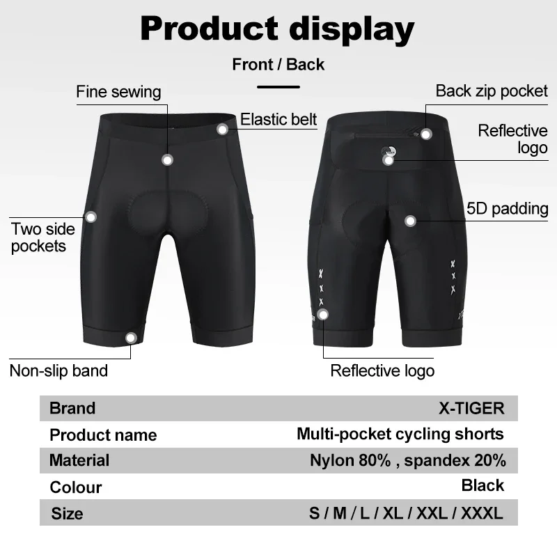 X-TIGER Multi-pocket Cycling Shorts Black Bike Tights 5D Gel Padded Pro Bicycle Shorts Breathable Man MTB Shorts With Pocket