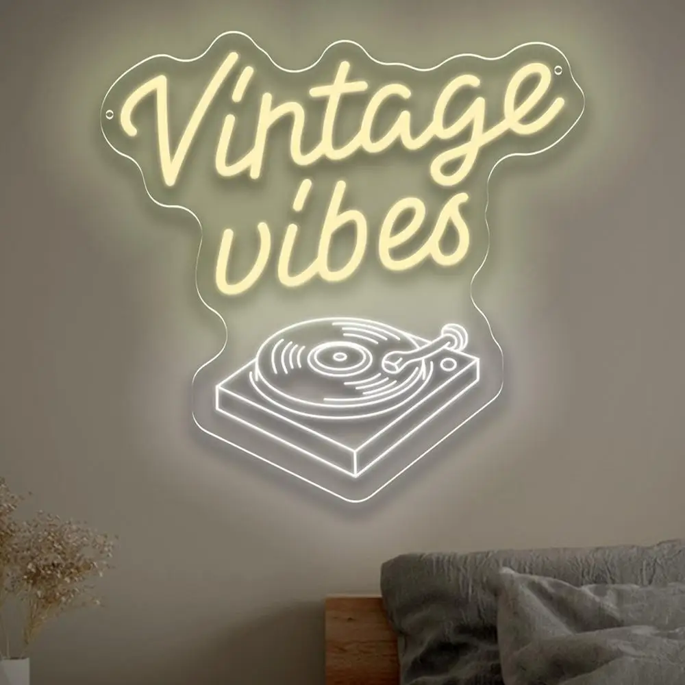 

Винтажная светодиодная неоновая вывеска Vibes, проигрыватель, неоновый свет с регулируемой яркостью для ретро-спальни, бара, музыкальной студии, домашнего декора, подарок для любителей музыки