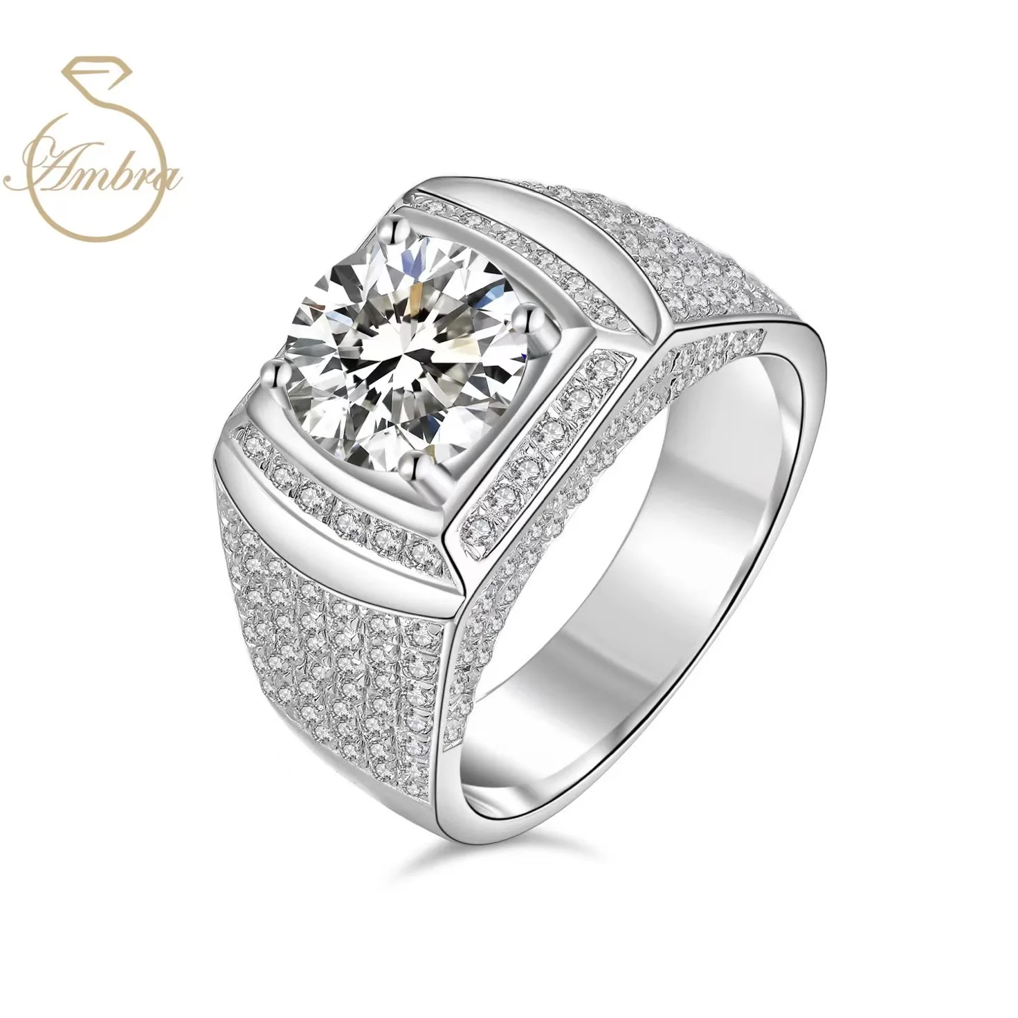 

Ambra Jewelry 3ct Moissanite Diamond D Colour Platinum Plated 925 Sterling Silver Layer Luxury Ring For Men