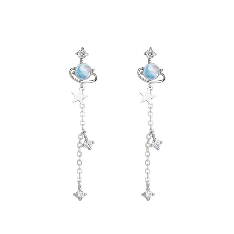 925 Sterling Silver Zircon Star Earrings for Women Blue Space Universe Planet Circle Long Tassel Drop Earrings 2024 Fine Jewelry