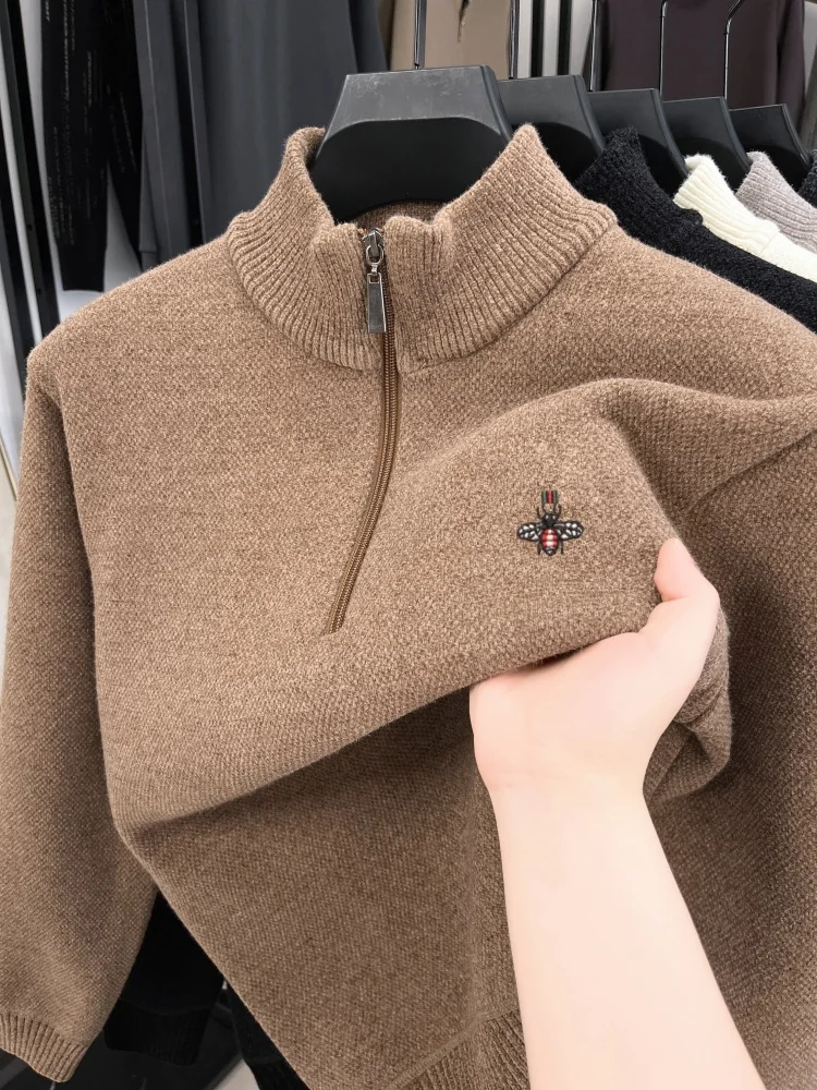 Designer brand luxury men's knitted pullover new trend zipper bee embroidery best-selling comfort warm half high neck sweater