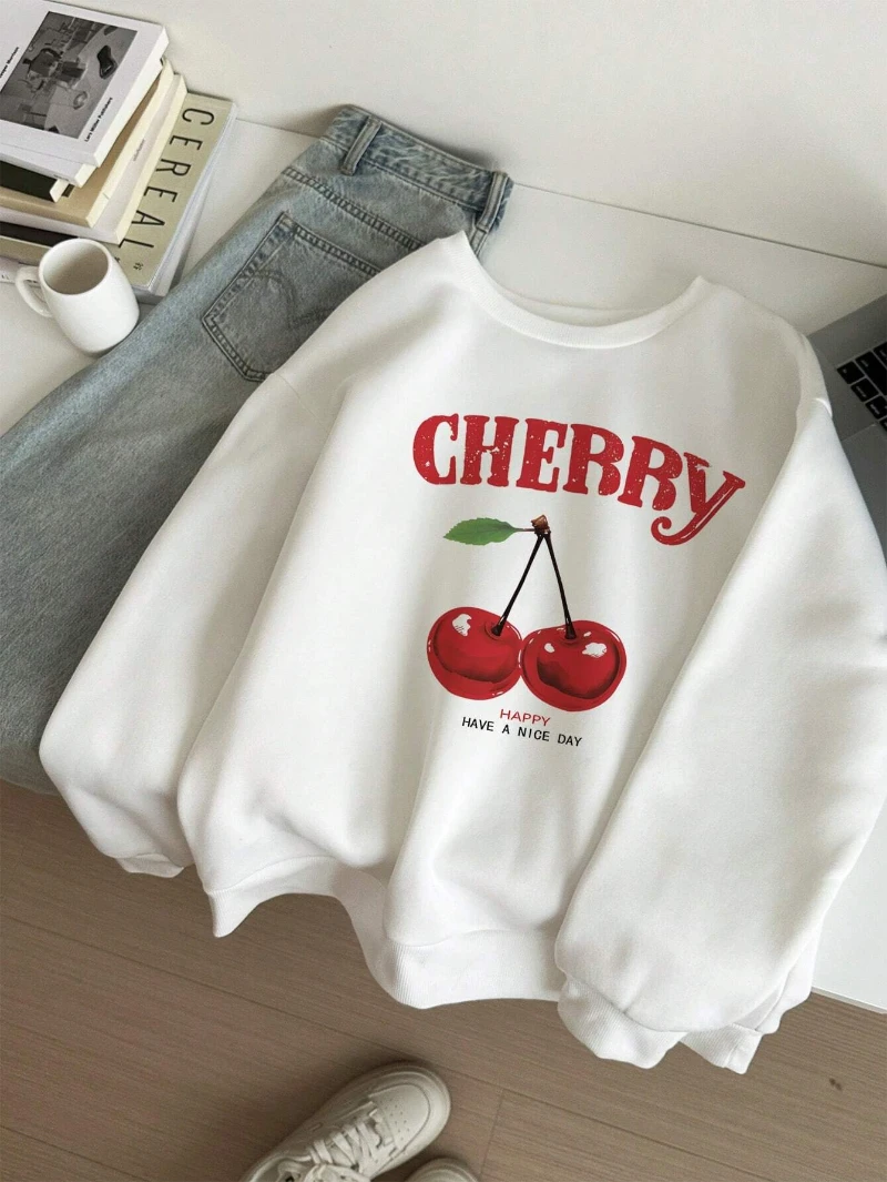 Sudaderas informales con estampado gráfico de cerezas para mujer, de cuello redondo sudaderas con capucha, jerséis cálidos y cómodos, ropa de calle