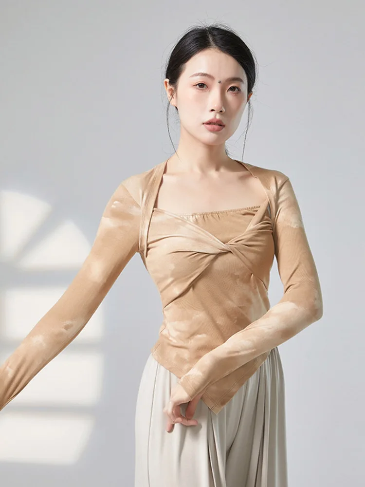 Tie Dye Slim Fit Ballet Dance Top for Women, Long Sleeve Square Neck Asymmetrical Shirt for Training and Artistic Performances