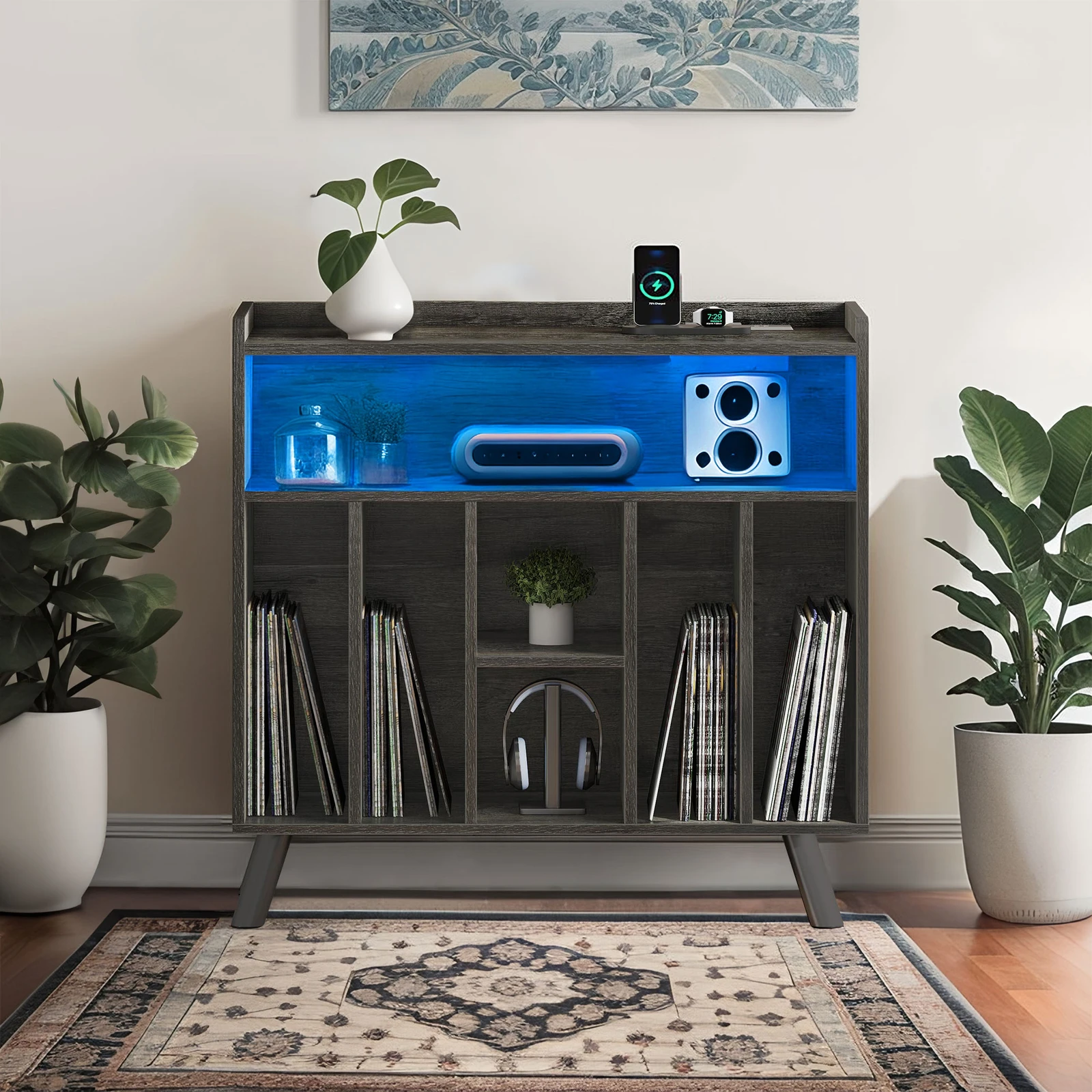 

Record Player Stand Turntable LP Album Cabinet w/ RGB LED Power Ports