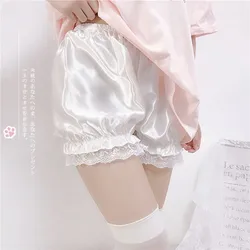 Korean Lolita Safety Short Pants Women Sweet Imitation Silk Bloomers Ruffles Lace Trim Pumpkin Panties Satin Skirt Under Shorts