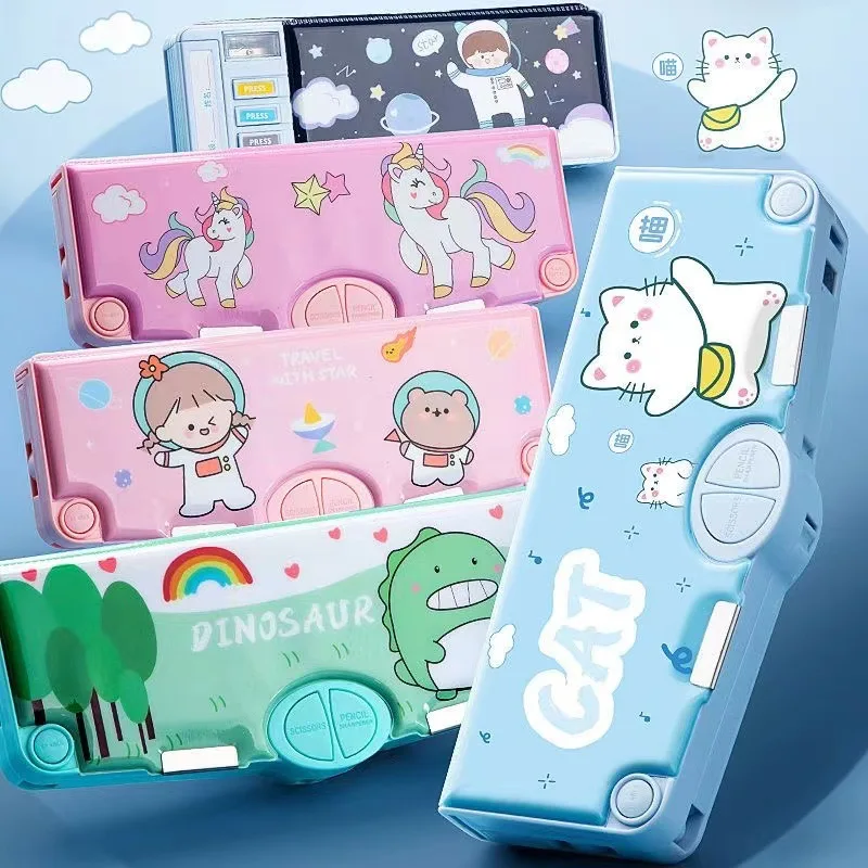 الكرتون عالية السعة آلية مقلمة مجموعة مع مقص الشريط ممحاة حاكم Kawaii الاطفال القرطاسية اللعب هدية اللوازم المدرسية