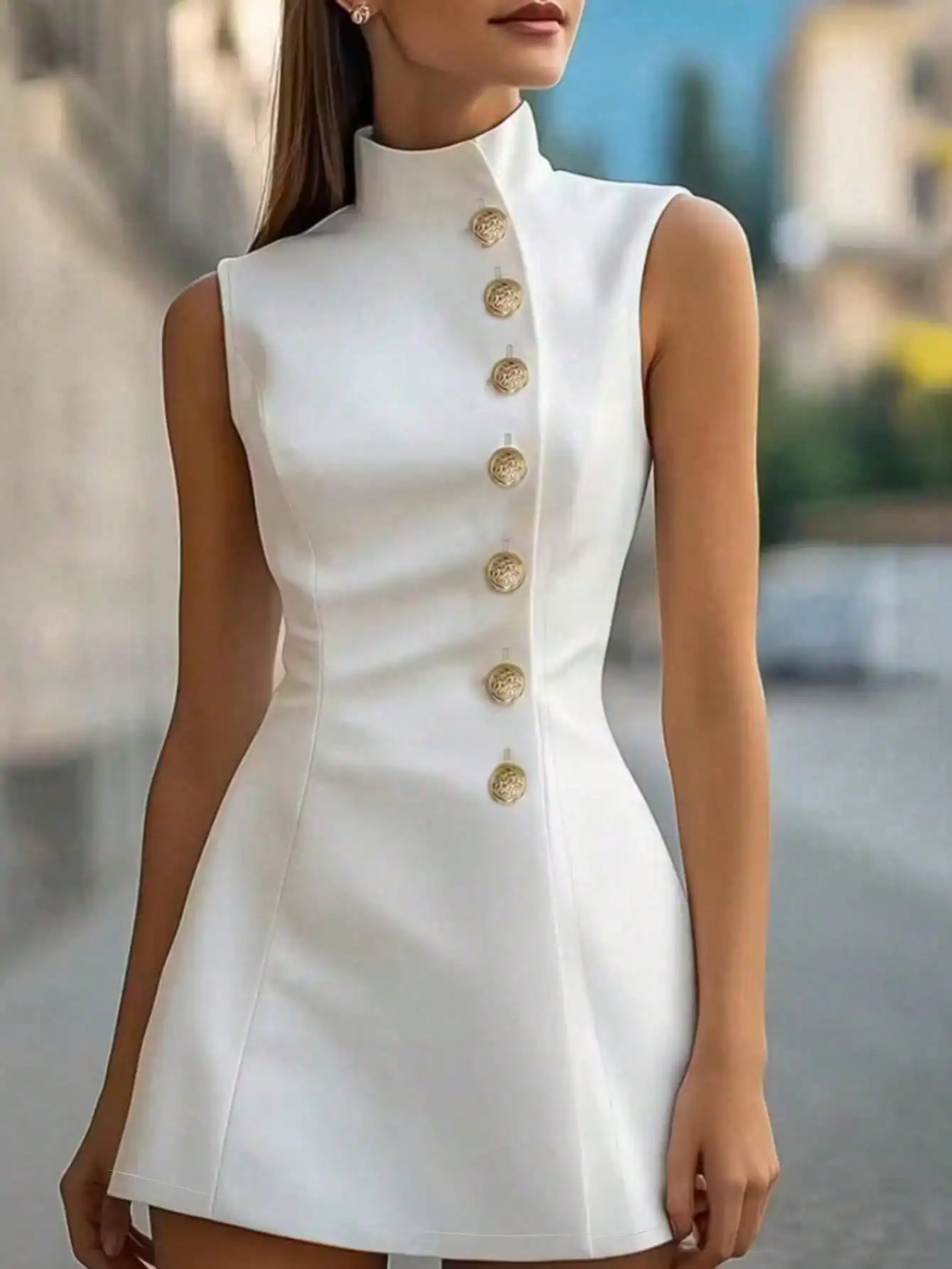 

Белое платье А-силуэта без рукавов с высоким воротником и золотыми декоративными пуговицами