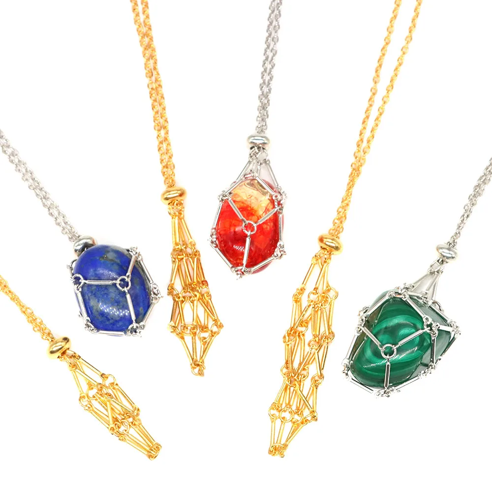 Crystal Stone Holder Cage Net Metal Necklace Energy Gemstone Collecting Adjustable Pendant Fashion Chain Necklaces Jewelry Gifts