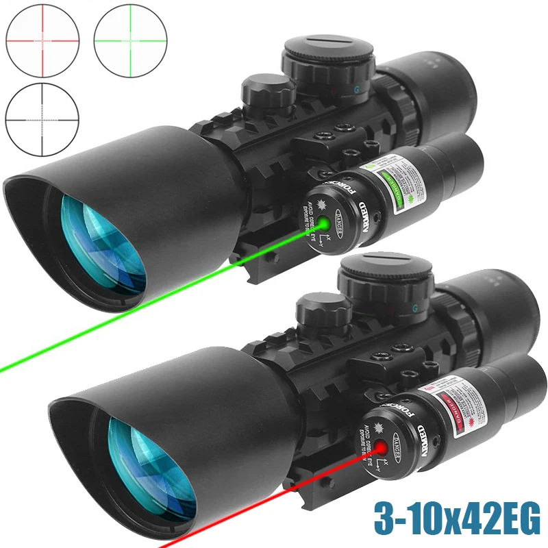 3-10X42EG Air Rifle Scope with Laser Optical Sight Shooting Hunting Riflescope Red/Green Laser Sight Combo for 11/20mm Rail