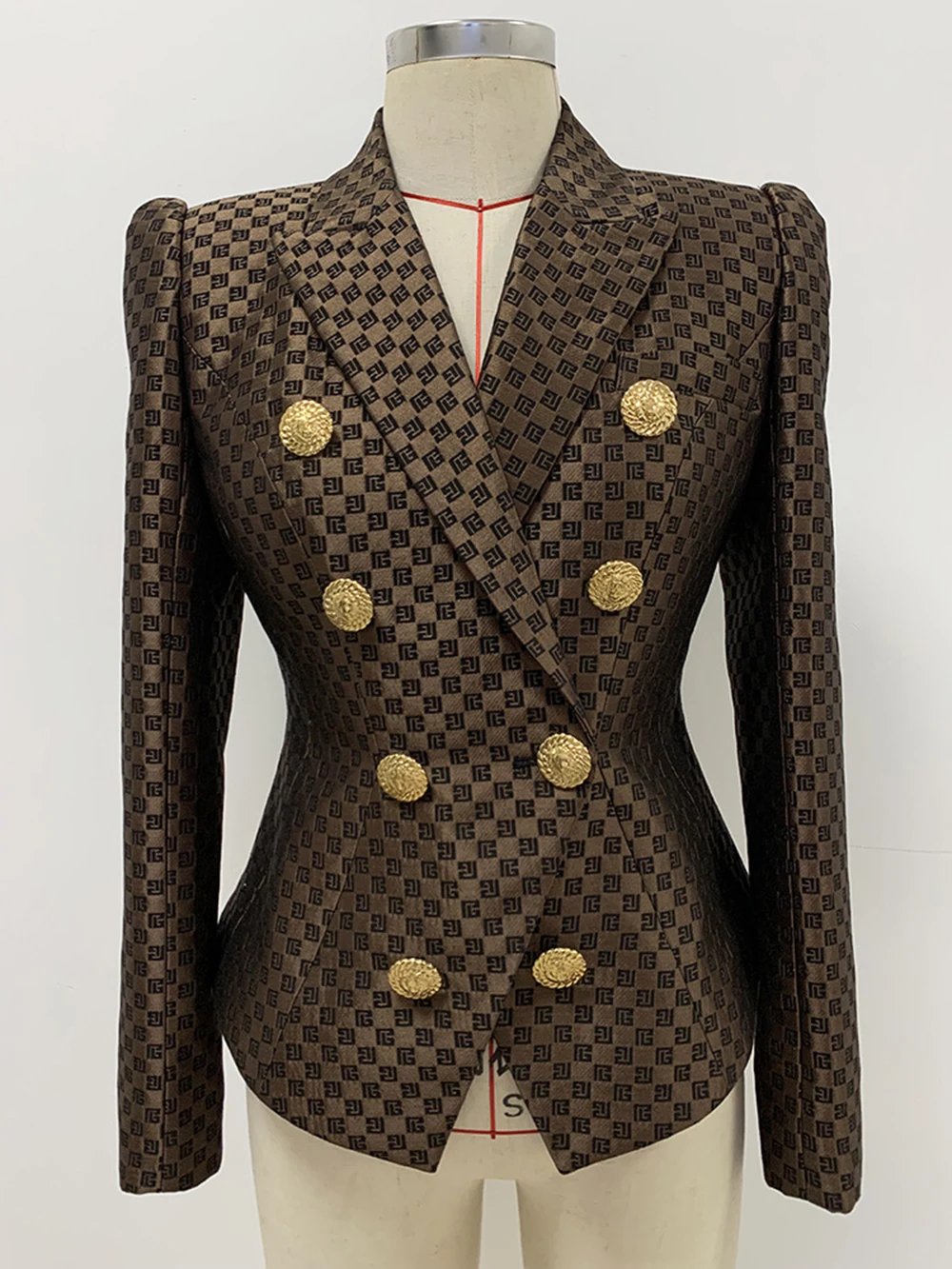 Modphy Brown Plaid Print Elegant Temperament Shoulder Pads Double Breasted Collect Waist Short Blazer Jacket Women