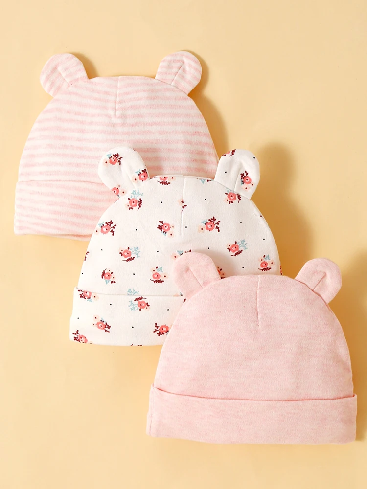 3Pcs/Lot Bear Ear Children\'s Fetal Hat 0-6 Months Baby Hat Spring and Autumn Cotton Child Accessories