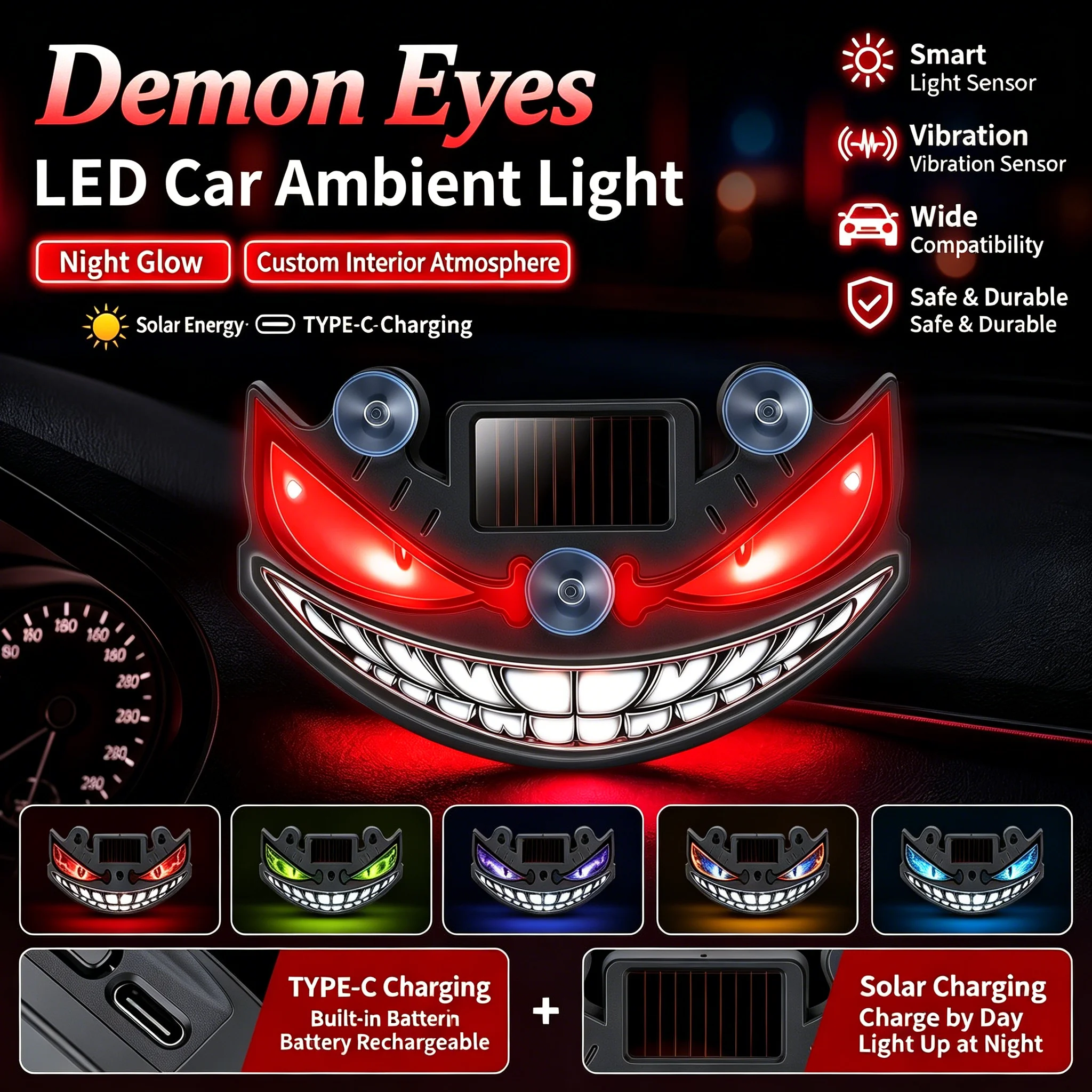Solar LED Devil Eyes Windshield Warning Flashing Signal Indicator Car LED Ambient Lights with Suction Cup for SUV Auto Window