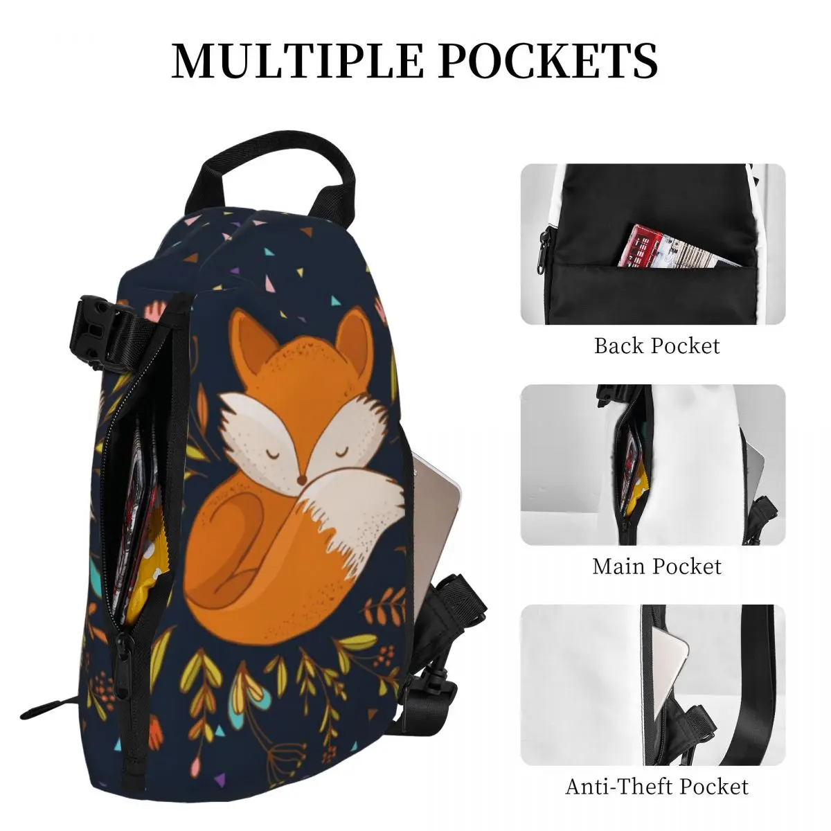 Cute Fox Flowers And Triangles Shoulder Bags Animal Running Chest Bag Men Travel Designer Sling Bag Retro Phone Small Bags