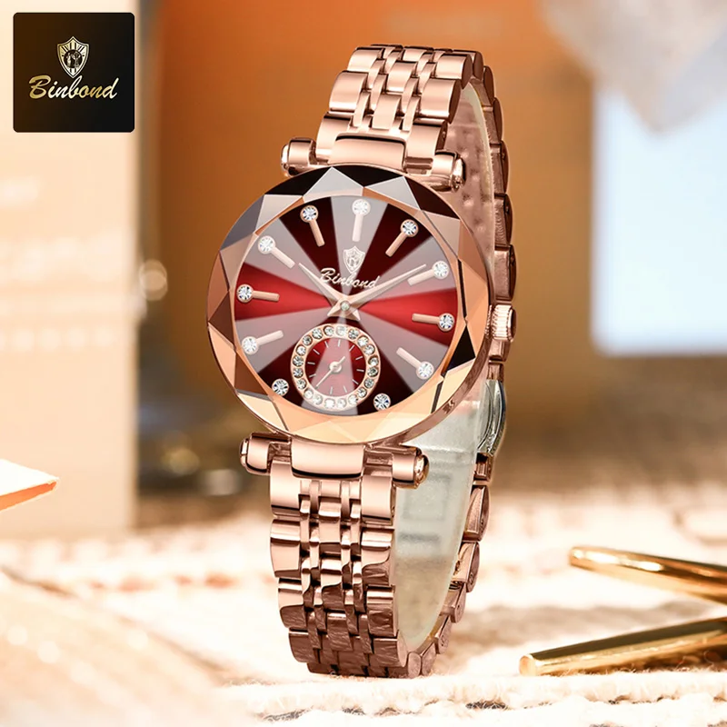 BINBOND Роскошные элегантные женские наручные часы, водонепроницаемые часы из нержавеющей стали для женщин, простые повседневные женские кварцевые часы