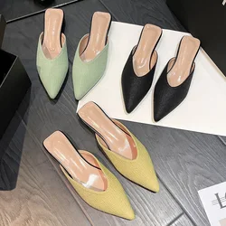 Female Shoes Slippers Women Summer Cover Toe On A Wedge Slides Low Mules Sexy 2024 Pointed Genuine Leather Flat Hoof Heels Rome