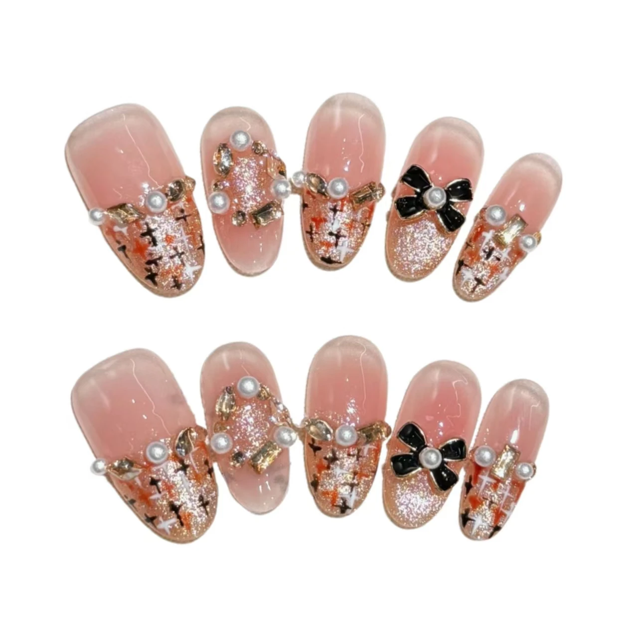 Caramello Cat Eye Glitter Mandorla francese Stampa fatta a mano sulle unghie Toppe decorative per unghie finte con perle e fiocco