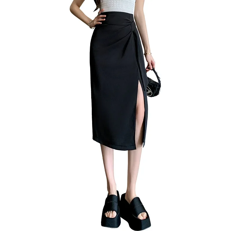 팝 여성의 쁘띠 여름 롱 드레스 사이드 슬릿 하이 웨이스트 슬리밍 A 라인 스커트 세련된 다목적 캐주얼 쁘띠 스커트