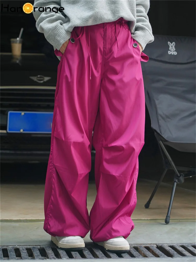 

HanOrange 2023 зимние штаны-карго с парашютом, женские утепленные двухслойные свободные широкие брюки с заниженной талией и завязками