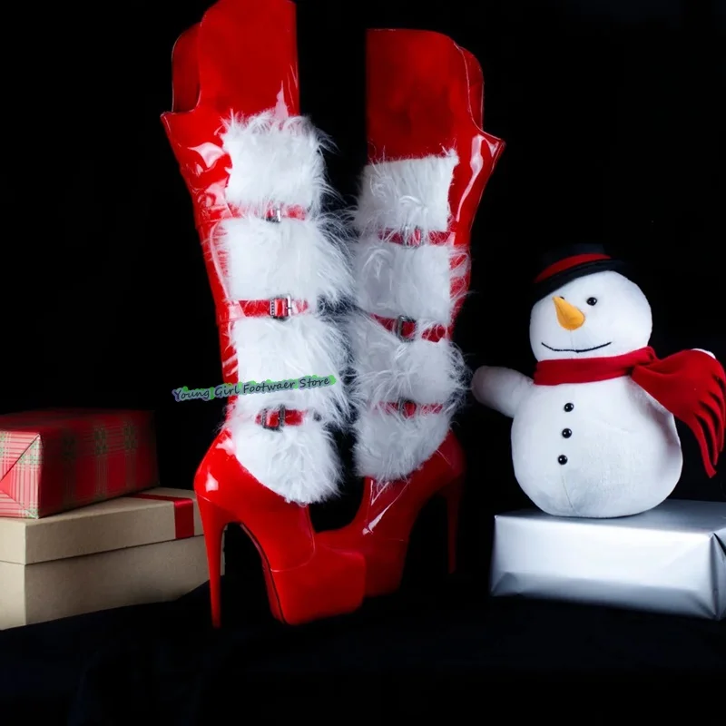 Christmas Party White Plush High-Heeled Women's Boots Belt Buckle Decorate Runway Style Boots  15 Cm Red High Heels