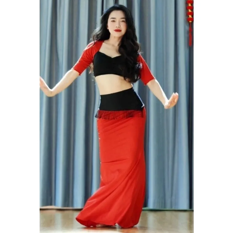 Customized Belly Dance Costume Set Performance Dress Class Dress Sexy Practice Clothes Black Tassel Tops Long Skirt Dancewear