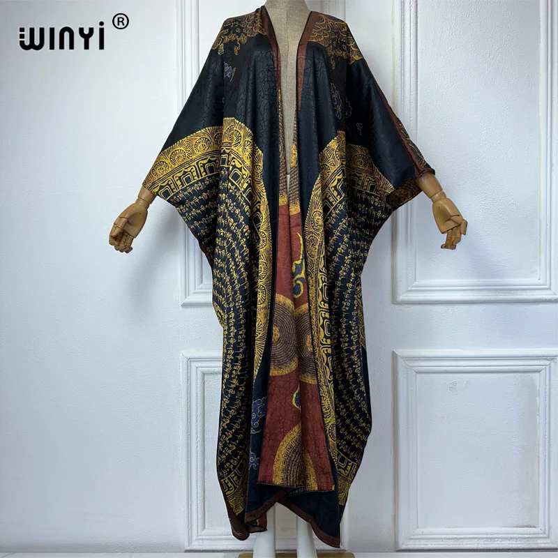 WINYI wysokiej jakości boho nadruk otwarty płaszcz odzież plażowa Cover up elegancki kaftan abaya dubaj luksusowy kardigan kimono maxi sukienka