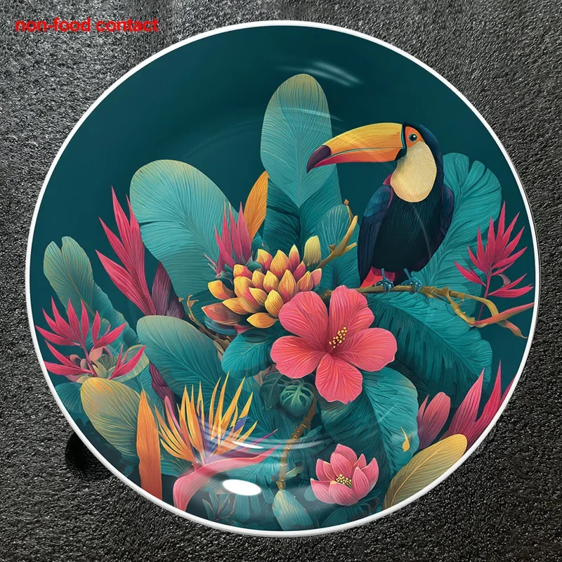 1pc 8-Inch Round Tropical Toucan & Flowers Ceramic Wall Hanging Plate - Vintage Style Jewelry Display Tray for Necklaces &