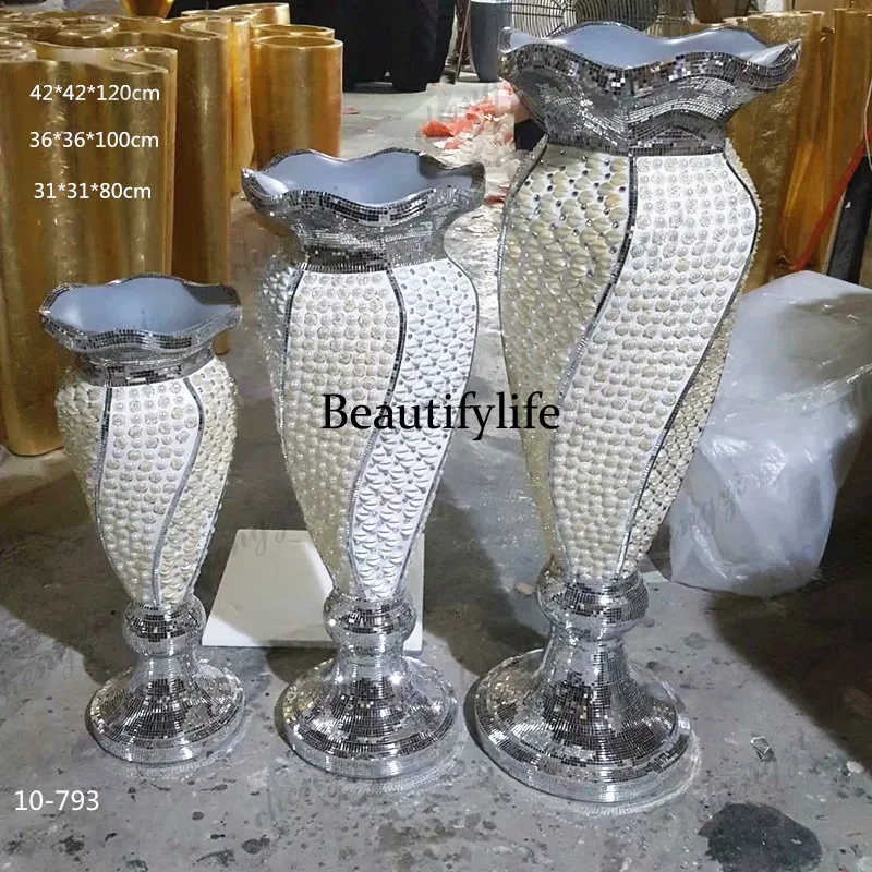 A95 new Chinese style diamond crescent shell floor vase fiberglass flower ware hotel shopping mall living room ornament