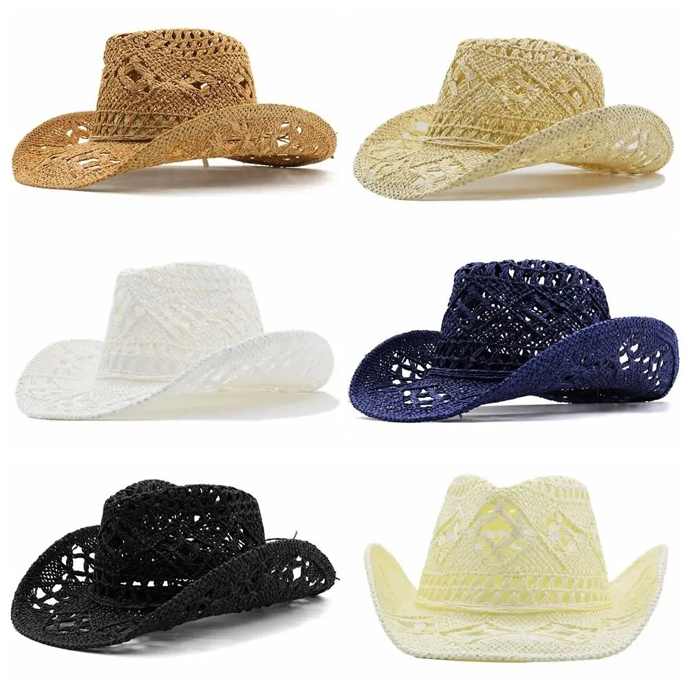 Classic Wide Brim Hollow Straw Hat Curled Handmade Western Cowboy Cap Woven Sunscreen Sun Hat Sport