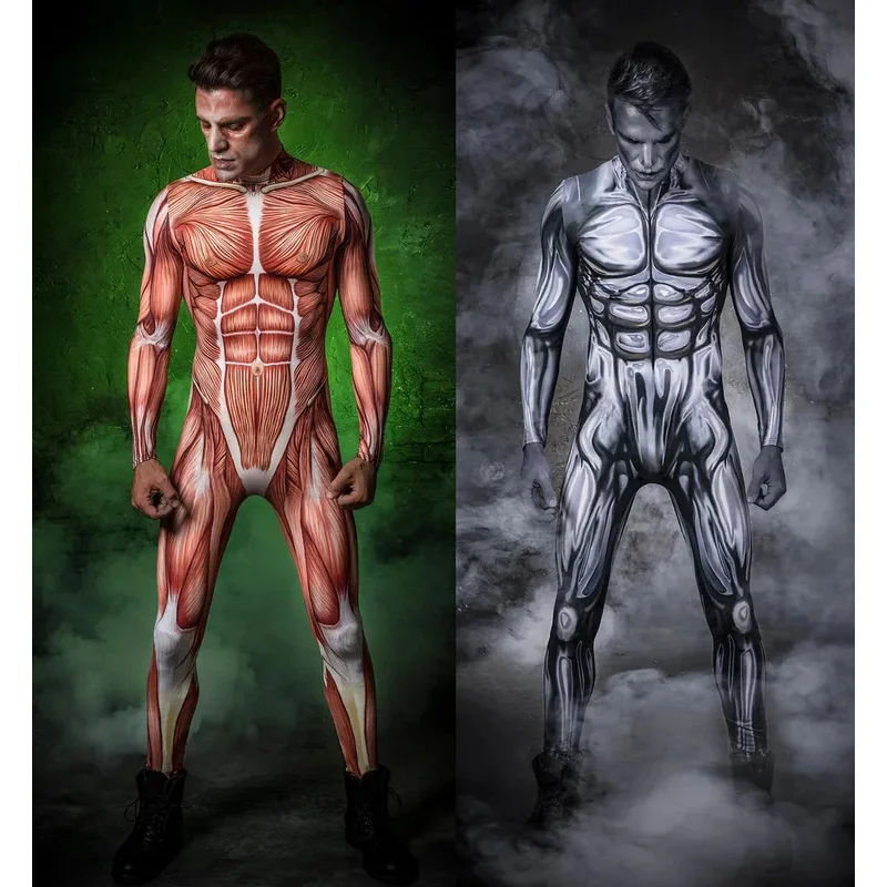 Uomo donna scheletro muscle cosplay cyber armor tute punk stampa zentai body costume Halloween party performance suit