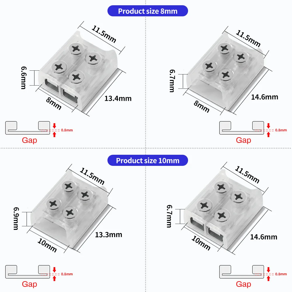 LED Strip conector com parafuso fixo, Terminal flexível, LED Strip Light, SMD COB Strip, IP20, 8mm, 10mm