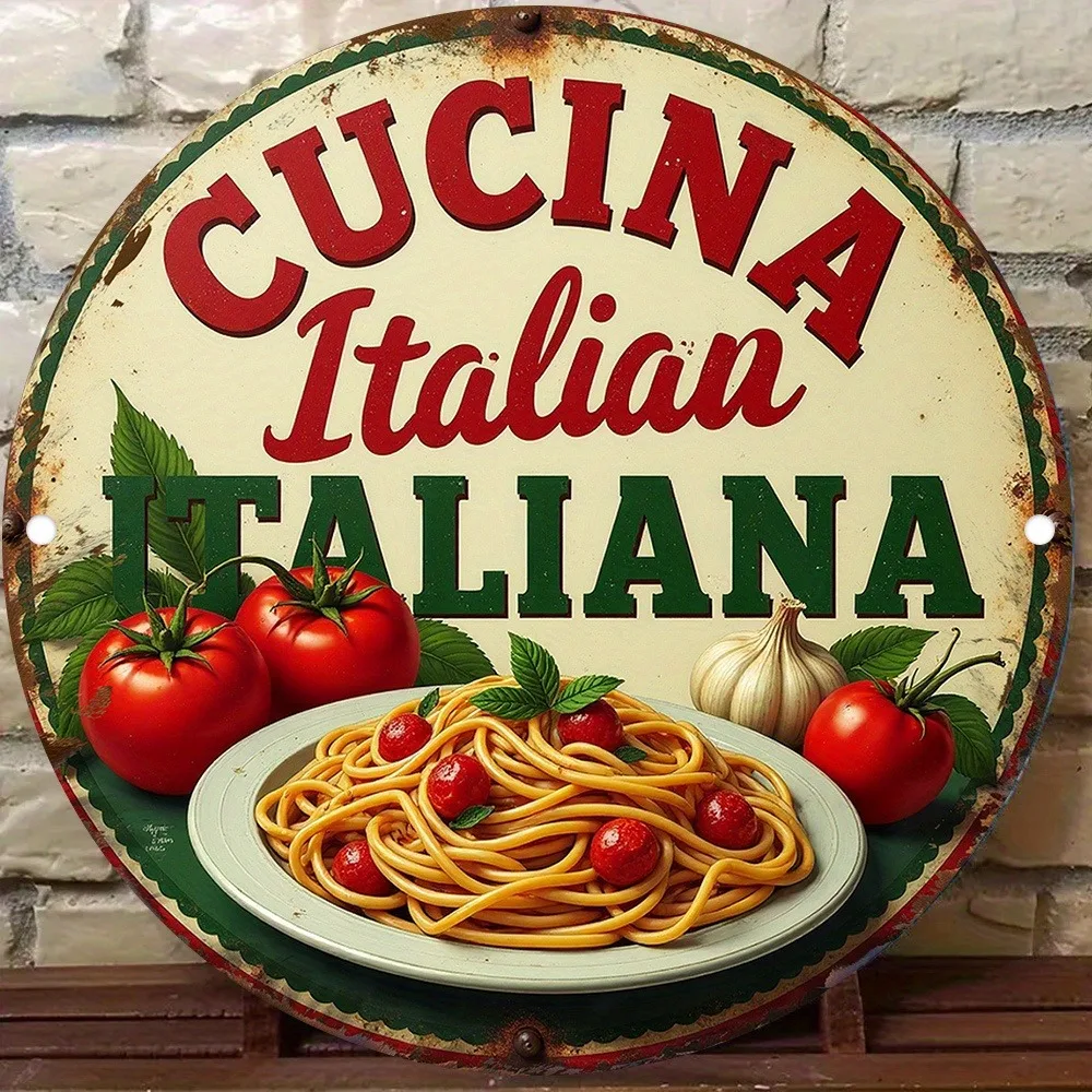 Letrero Metálico Vintage para Cocina Italiana, Arte de Espaguetis, Tomates y Albahaca para Decoración de Hogar, Cafetería o Bar, Placa de Aluminio Resistente con Pr