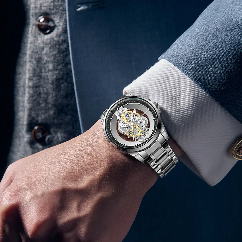 ZH89 ساعة رجالية عصرية على الوجهين شفافة مجوفة مقاومة للماء ساعات كوارتز مضيئة ساعة عادية ساعات هدية للرجل