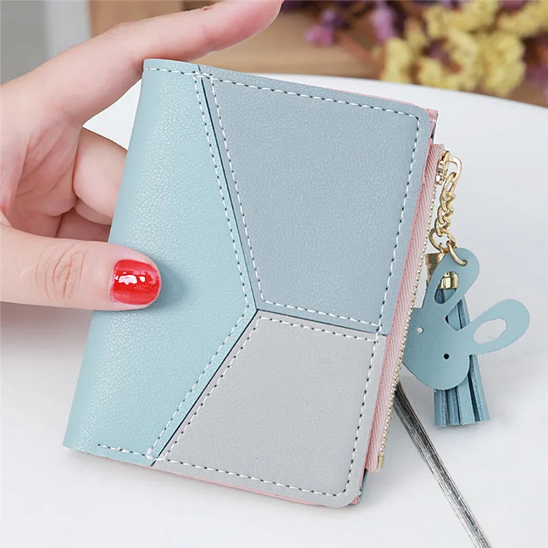 Women Short Wallet Stitching Contrasting Short Wallet Tassel Multi-card Coin Purse Kawaii Cute Wallet Coin Purse Short Wallet