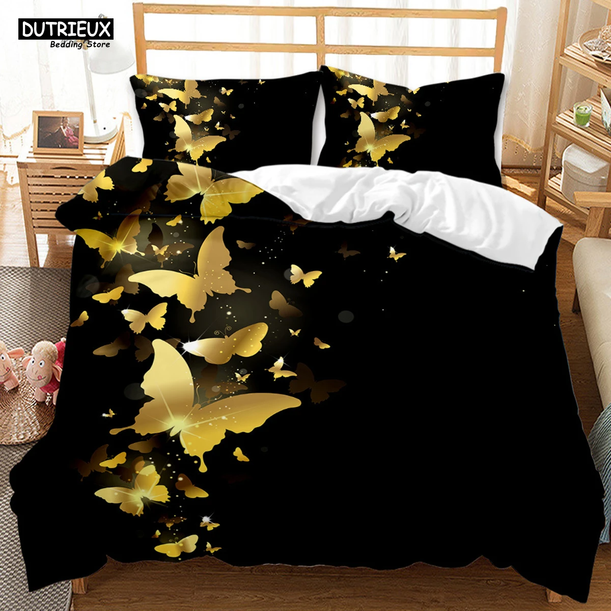 

Gold Butterfly Bedding Set Flying Beautiful Butterflies Duvet Cover Single Queen King Full Size Kids Women Room Decor Bed Linen