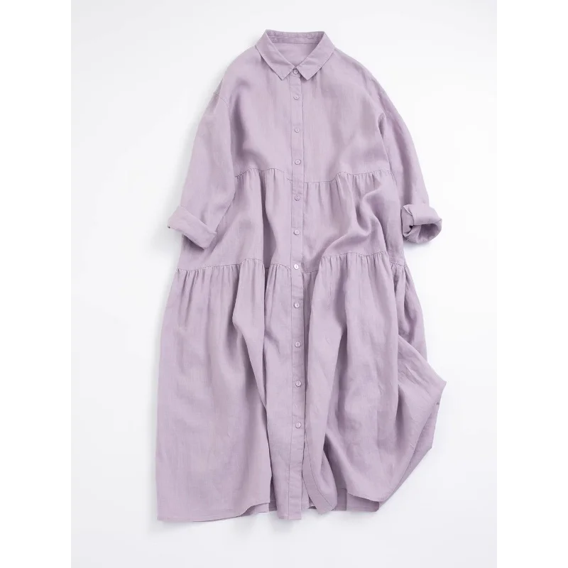 Vestido de comprimento médio de algodão e linho de cor sólida solto e elegante de tamanho grande