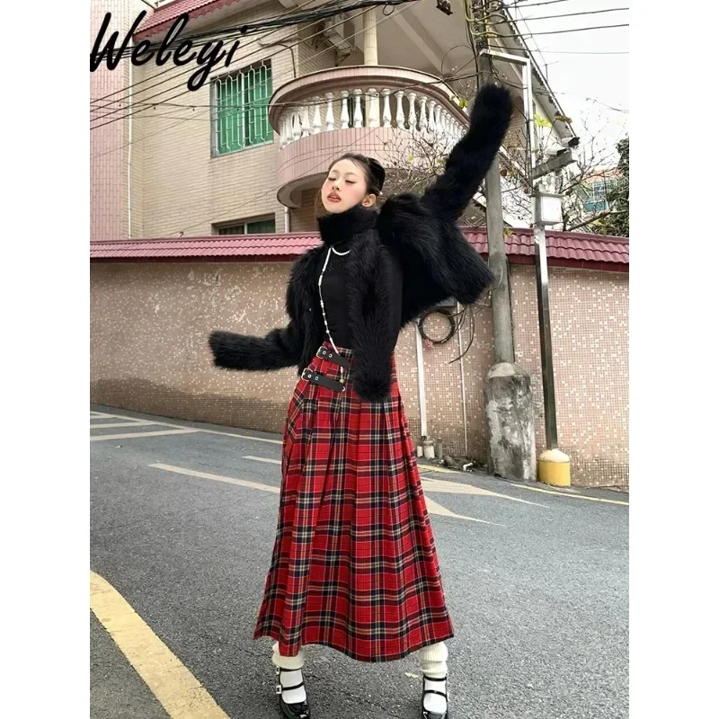 Retro Red Plaid Skirts Korean Fashion Women's 2024 Summer New Streetwear Sweet Cute High Waist Straight Long A Line Split Skirt