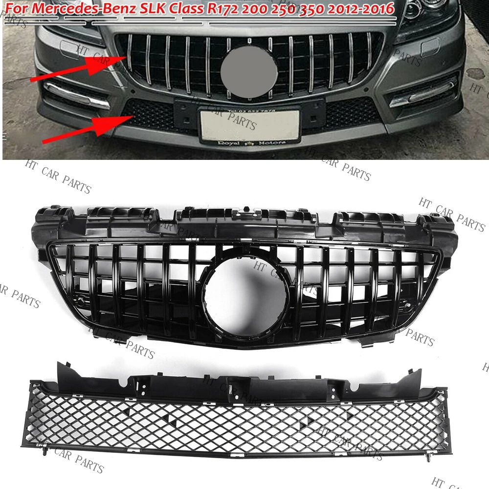 For Mercedes-Benz SLK Class R172 SLK200/250 2012-2016 1pcs Black GT Style Front Upper Grill Grille And Lower Bumper Grille Mesh