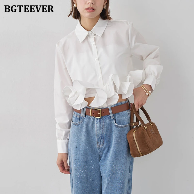 

BGTEEVER Elegant Flare-sleeved White Shirts for Women Ruffled Hem Blouses