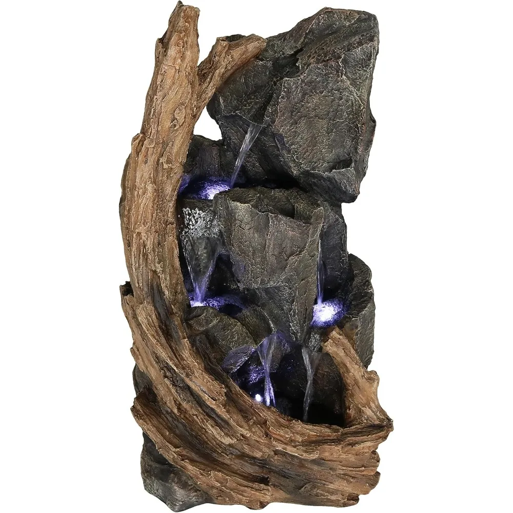 

35-Inch Mountainside Rock Waterfall Fountain - Large Outdoor Water Fountain with LED Lights