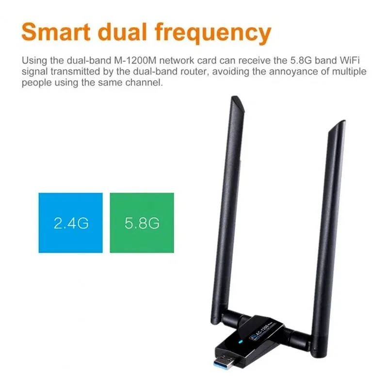 Adaptador de Antena USB WiFi, Placa de Rede Dual Band, Dongle, Receptor, Transmissor, AC 1200Mbps, M-1200M, 2.4, 5.8GHz, 802.11AC