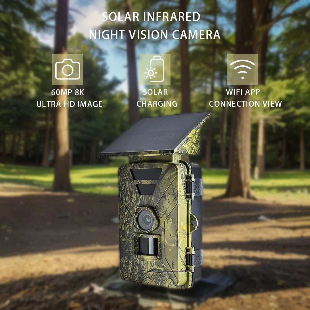 8K 60MP Infrared Night Vision Camera WIFI APP Connection for Viewing Solar Powered Charging Built-in Large Battery IP66 Waterproof 0.3S Sensing Photo Capture Speed Security Monitor (Memory card not included, please purchase separately)